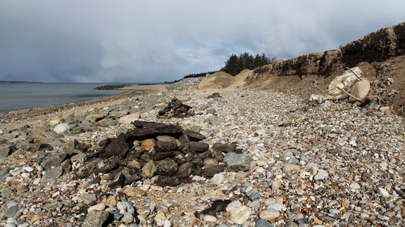 Stormene i vinteren 2011-2012 åd sig ind i skråningen langs stranden, ødelagde fiberdug og blotlagde gammelt fyld i form af bl.a. asfaltstykker. Alt blev samlet sammen og skaffet af vejen. (Foto: Peter Jessen)
